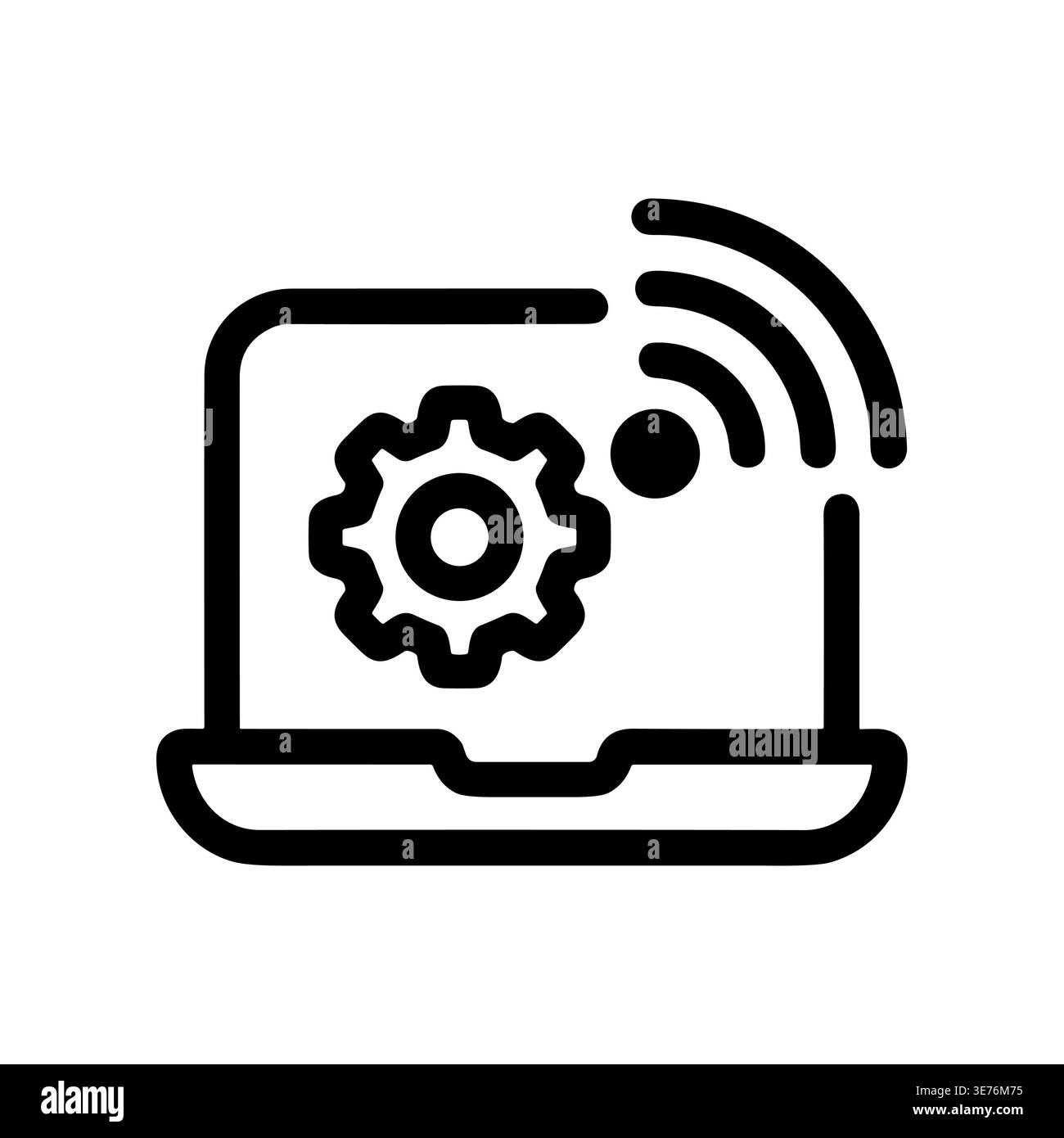 Laptop with gear and wifi icon, simple line art Stock Vector
