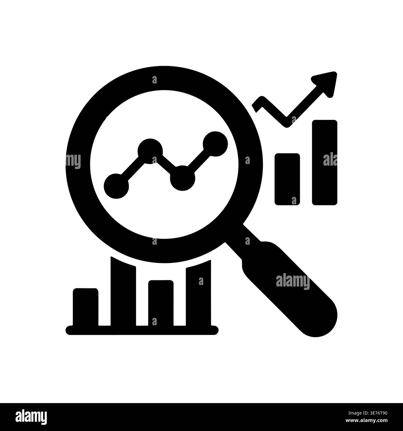 Data analysis with magnifying glass and growth chart glyph icon Stock Vector