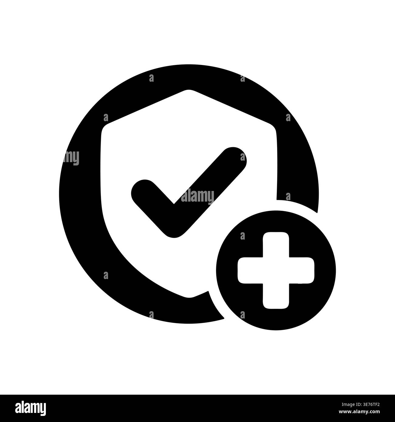 Shield with checkmark inside a circle icon, plus sign addition Stock Vector