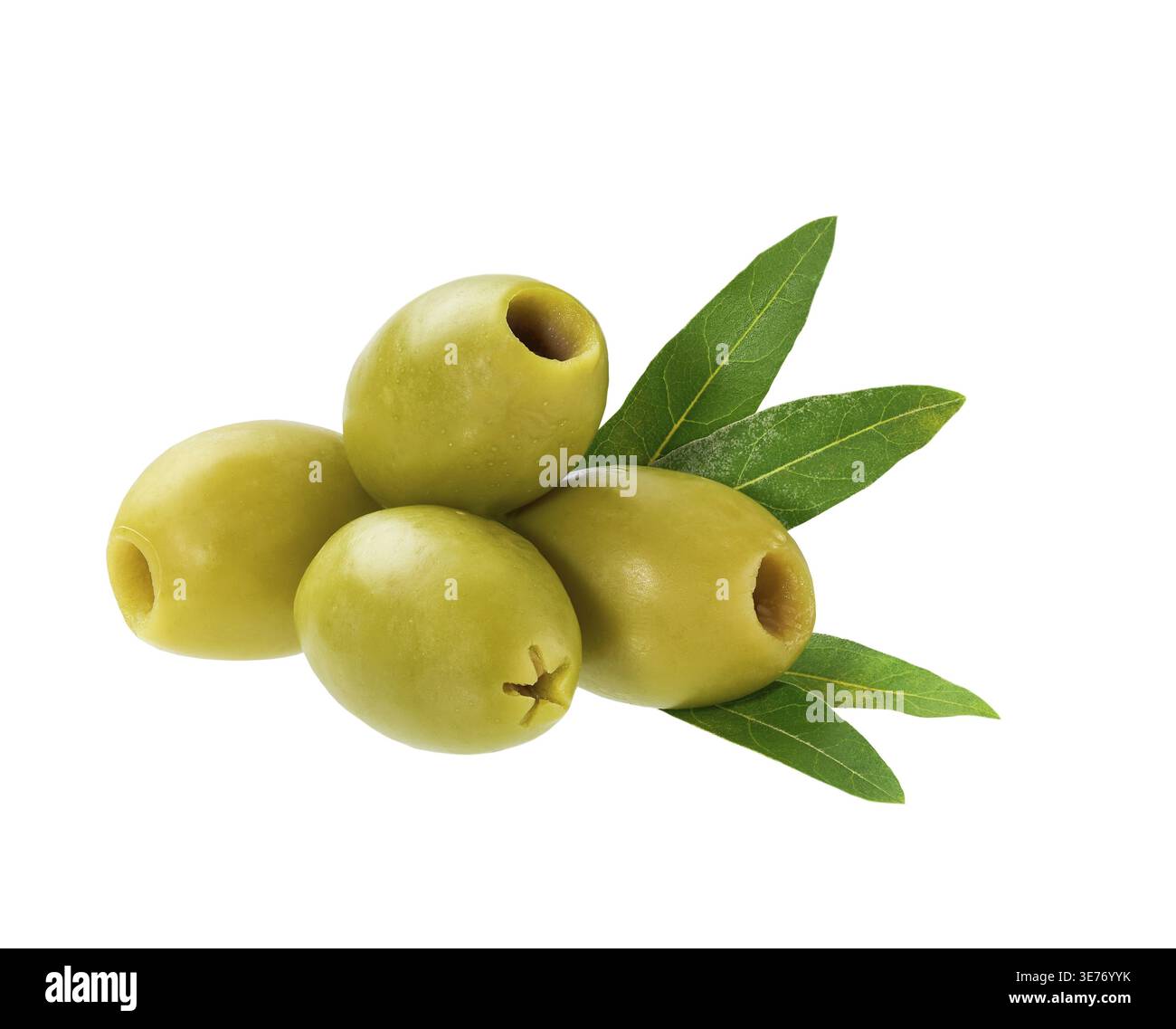 Marinated pitted olives and green leaves isolated on a white background. pitted olives isolated. marinated pitted olives Stock Photo