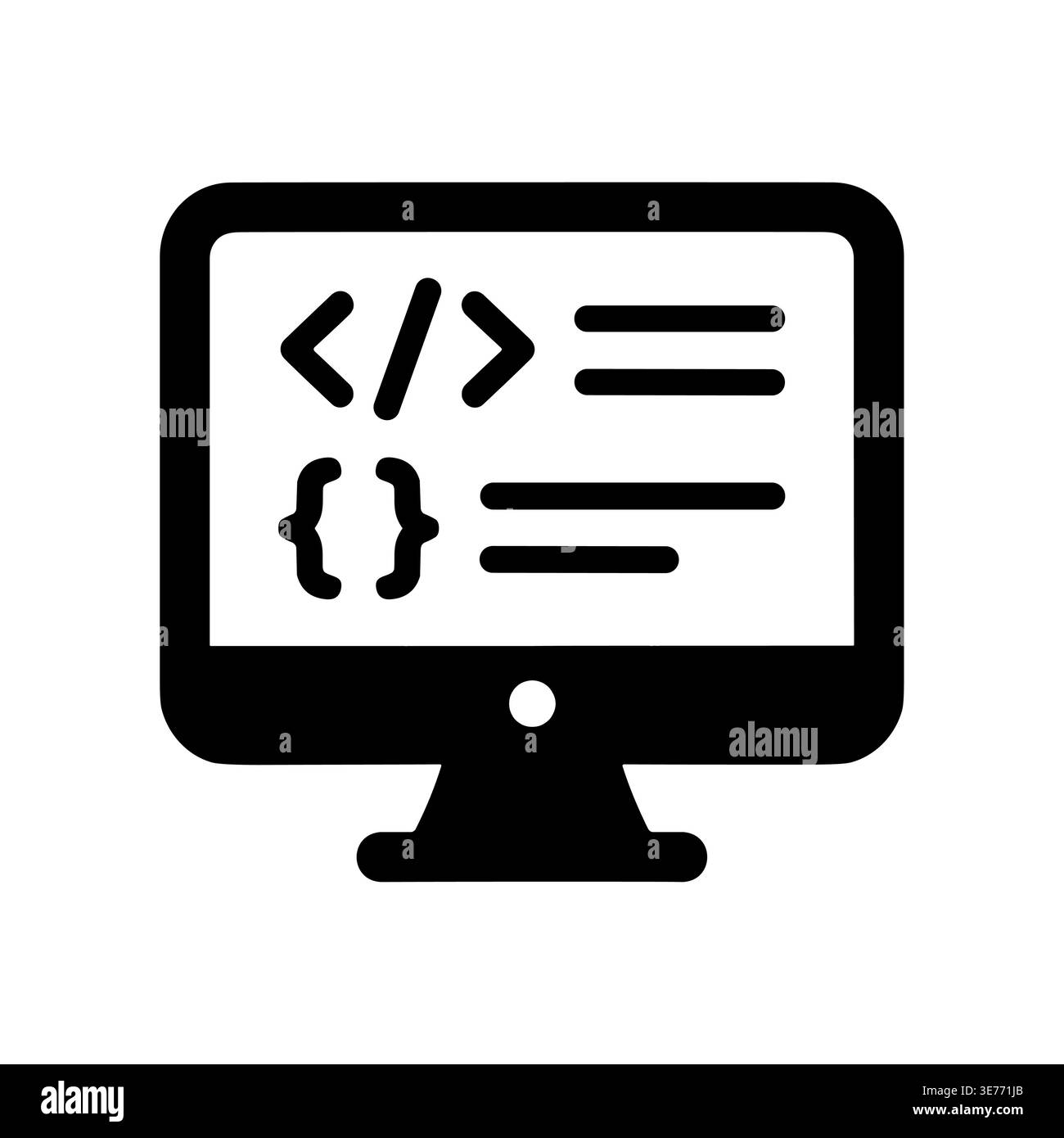 Monitor screen displaying code symbols, software development icon, black and white Stock Vector