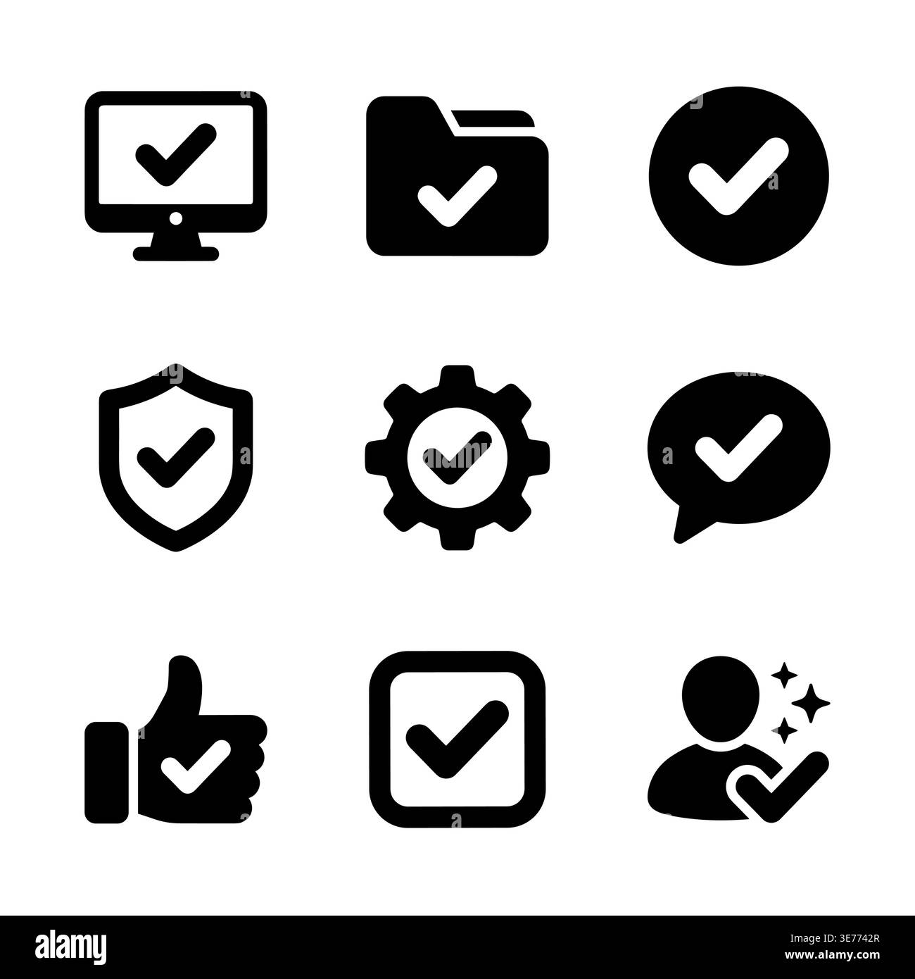 Black glyph check mark icons for UI design elements Stock Vector