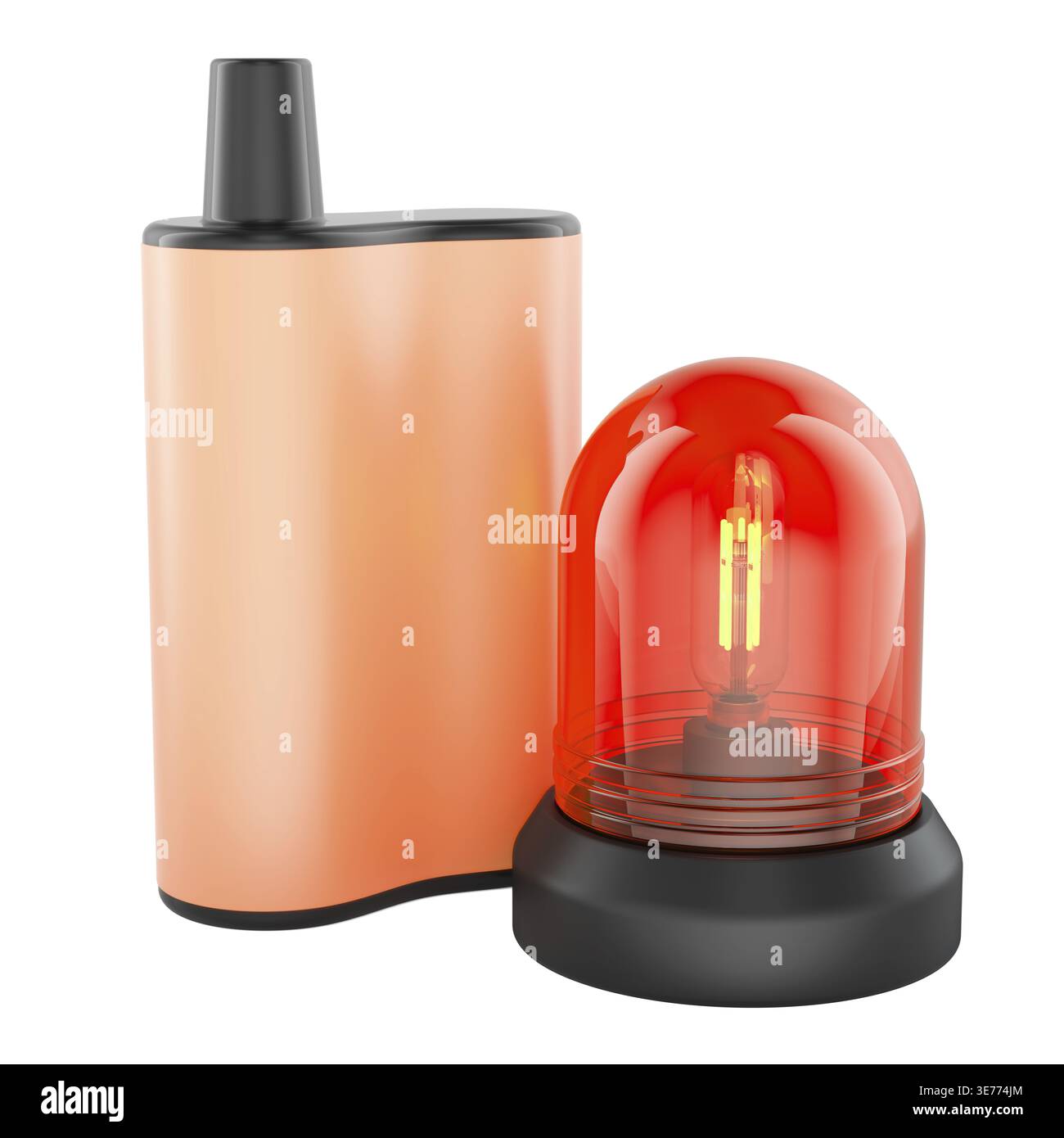 Vape warning with red emergency alarm siren. Vaping danger and health alert,  concept. 3d rendering isolated on white background Stock Photo