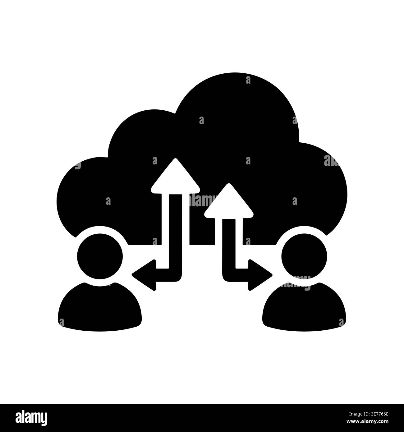 Cloud computing data sharing between people black glyph icon Stock Vector
