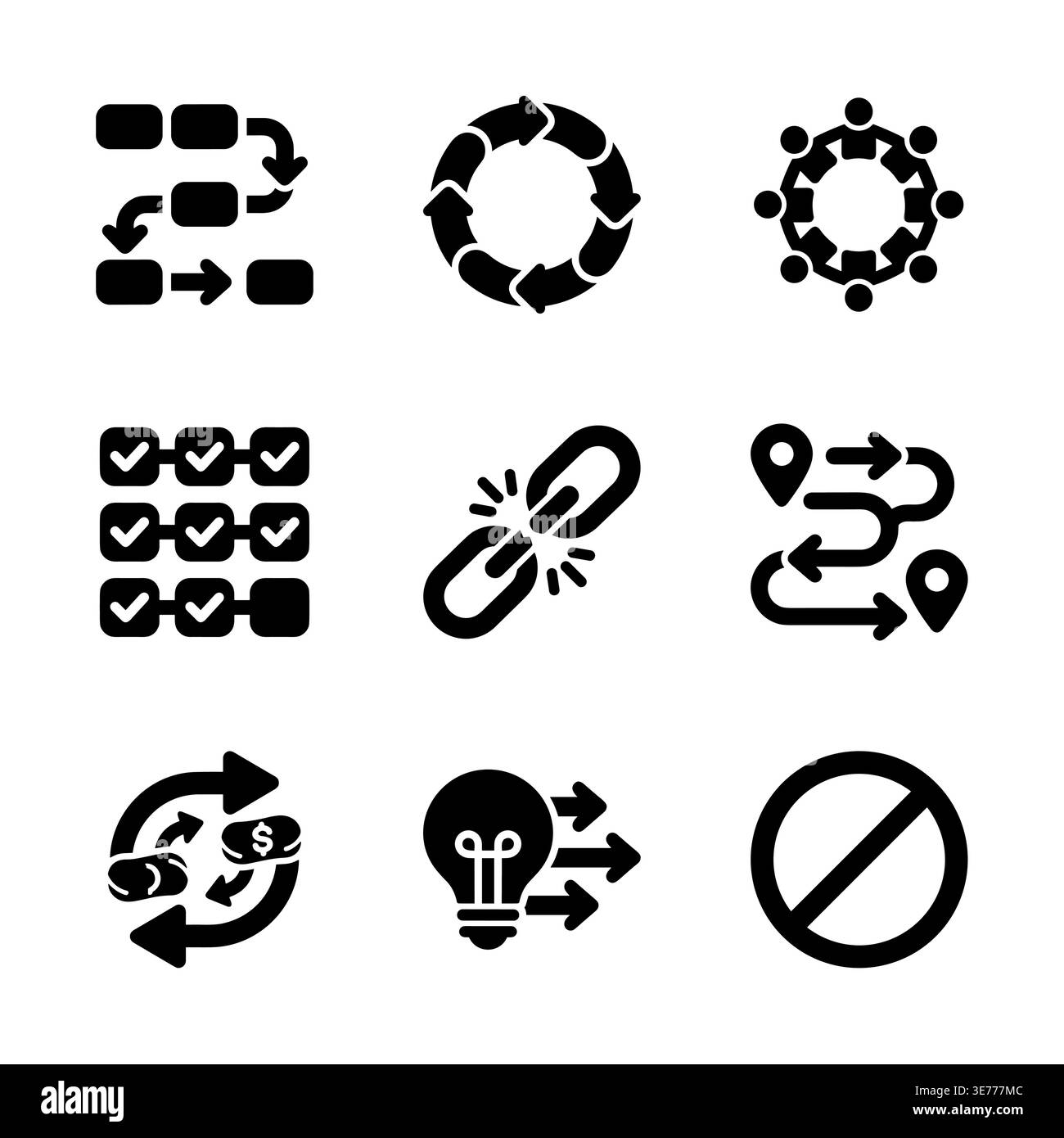 Set of black process and business flow solid icons Stock Vector