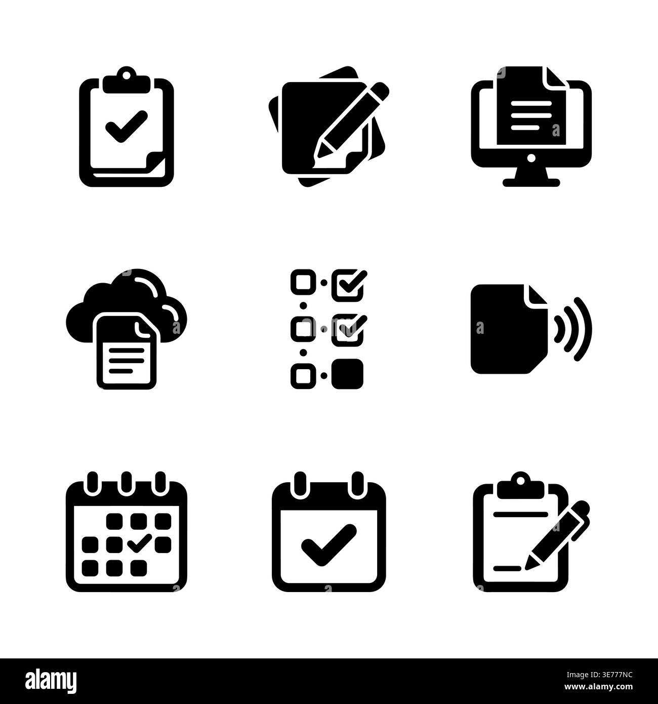 Black and white vector document and file glyph icons set Stock Vector