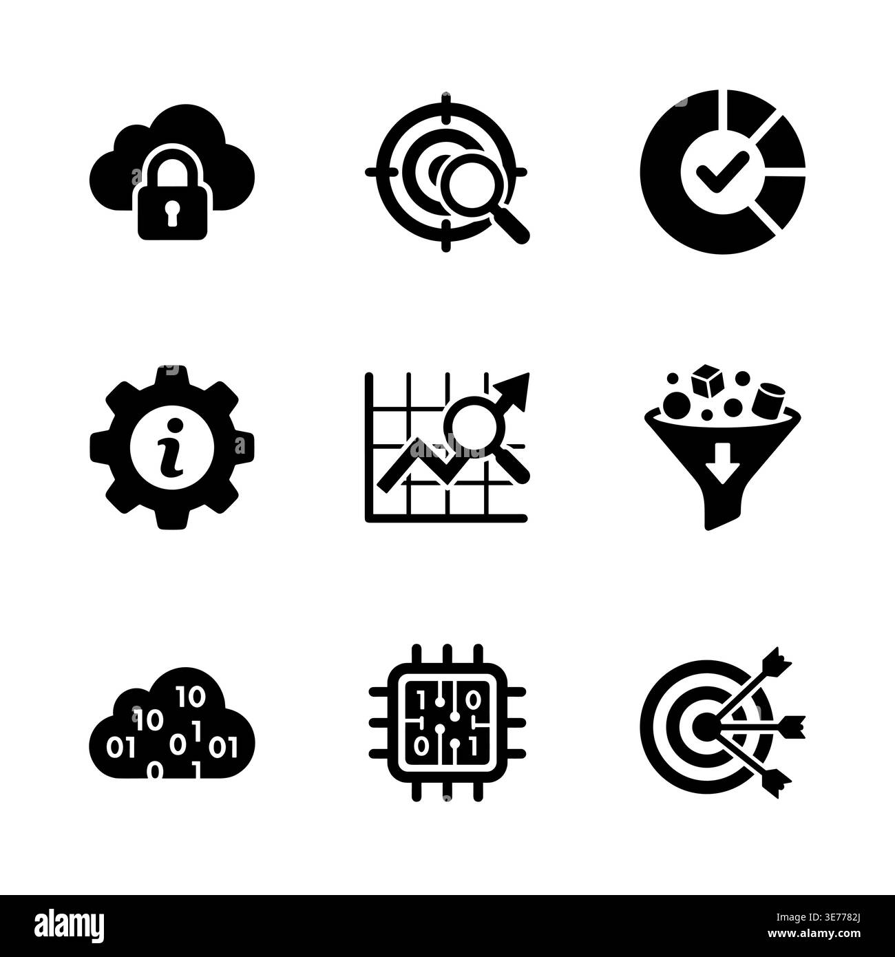Data analysis and security icon set in solid style Stock Vector