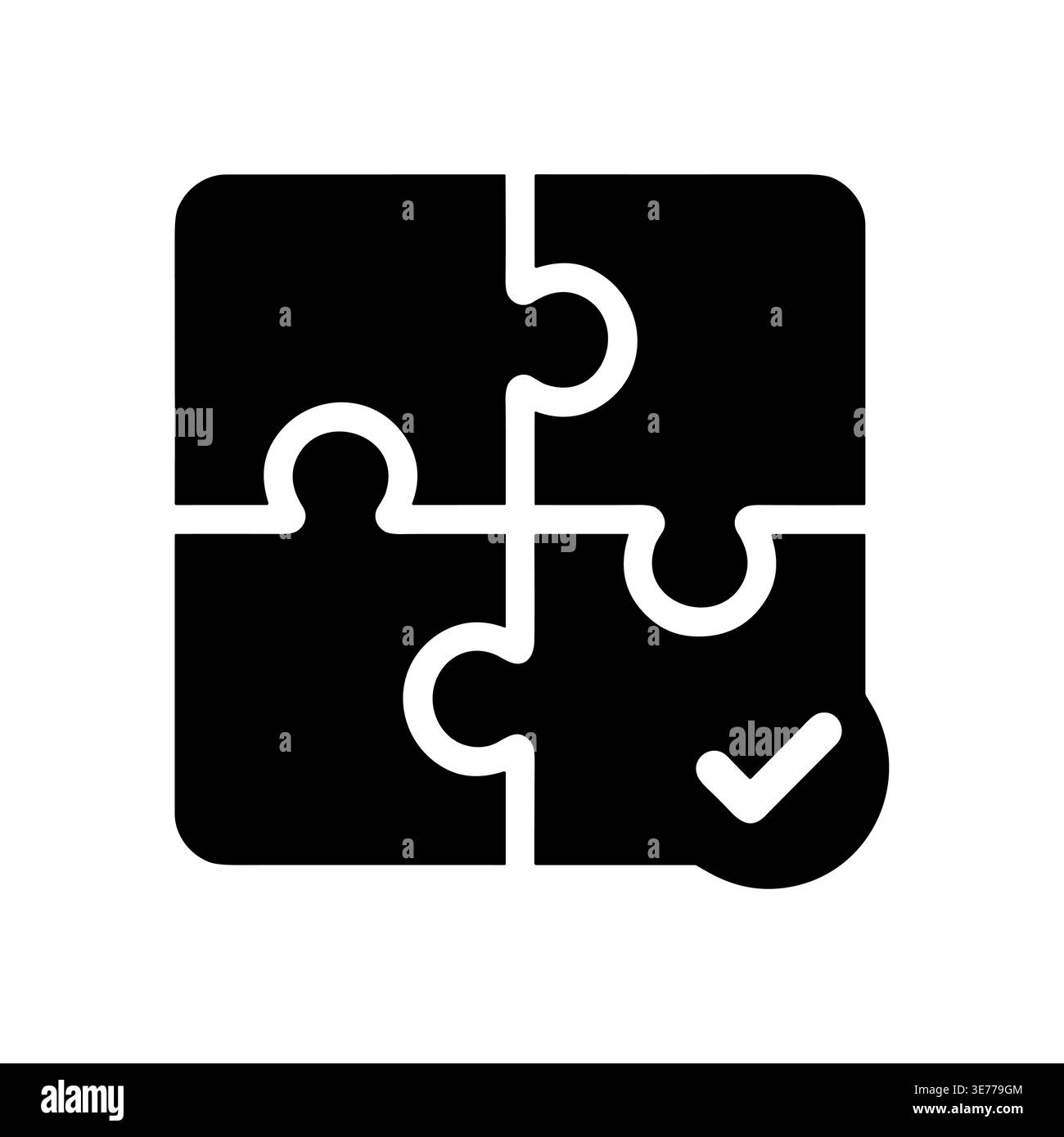 Black and white puzzle icon with checkmark, solid vector style Stock Vector