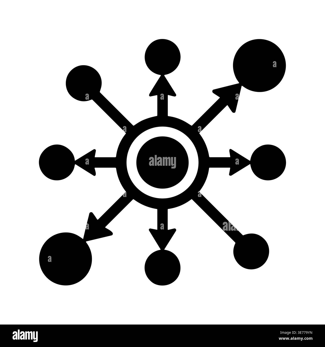 Black flat icon of network hub with connections around Stock Vector