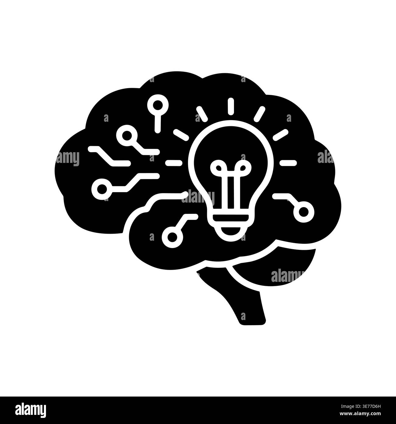 Artificial intelligence brain with lightbulb, creative idea black glyph icon Stock Vector