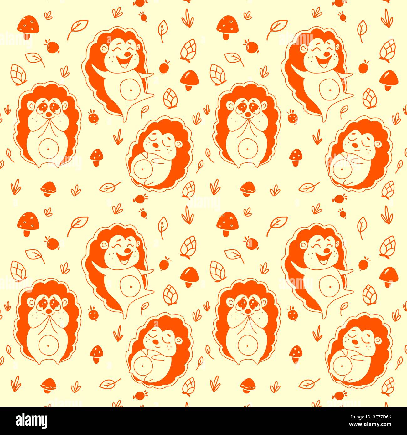 Seamless hedgehog pattern with forest elements in cute cartoon style Stock Vector