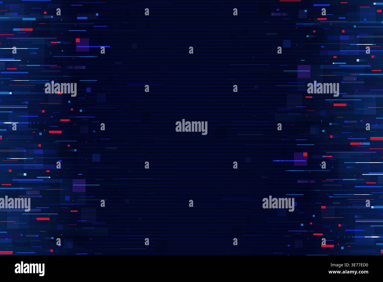 Pixel glitch effect on noise screen background. Abstract digital backdrop with horizontal blue and red distortion lines. Vector dynamic cyber technology futuristic screen interference or motion effect Stock Vector