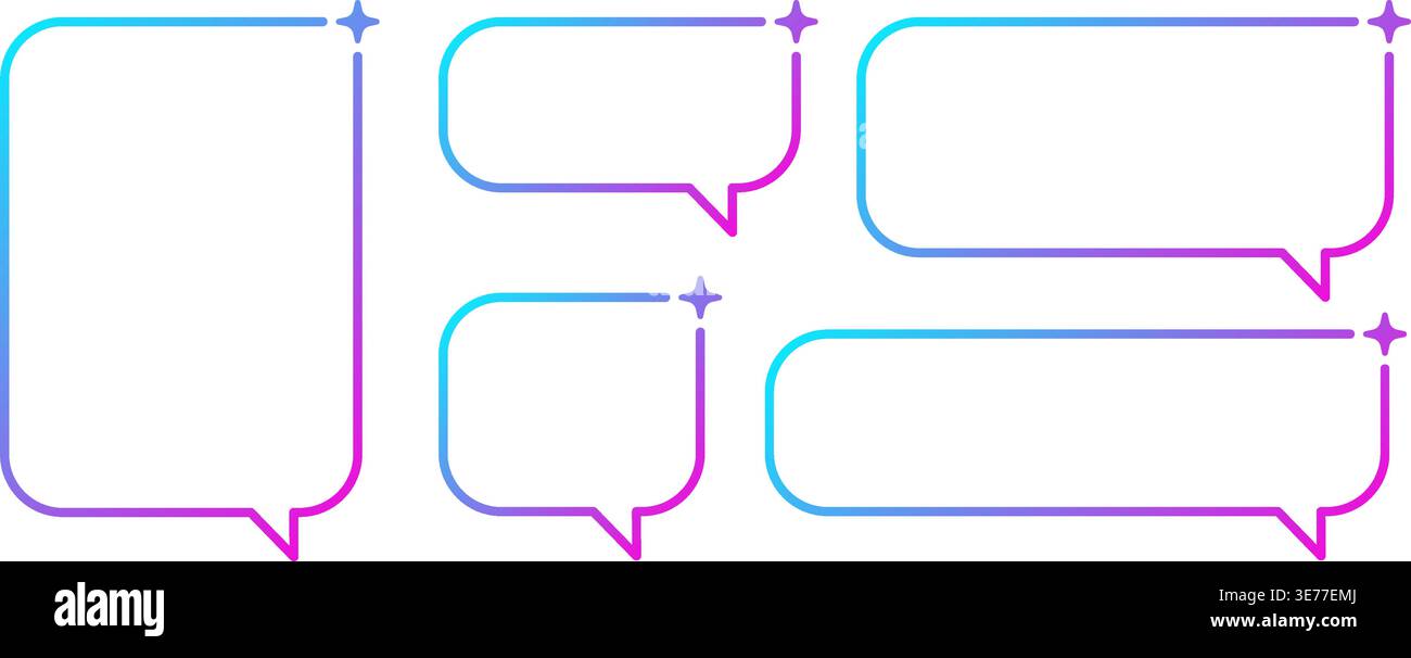 AI gradient rectangle speech bubble set. Artificial intelligence neon chat box with star. Tech text frame with blue pink gradient. Neural network bar Stock Vector