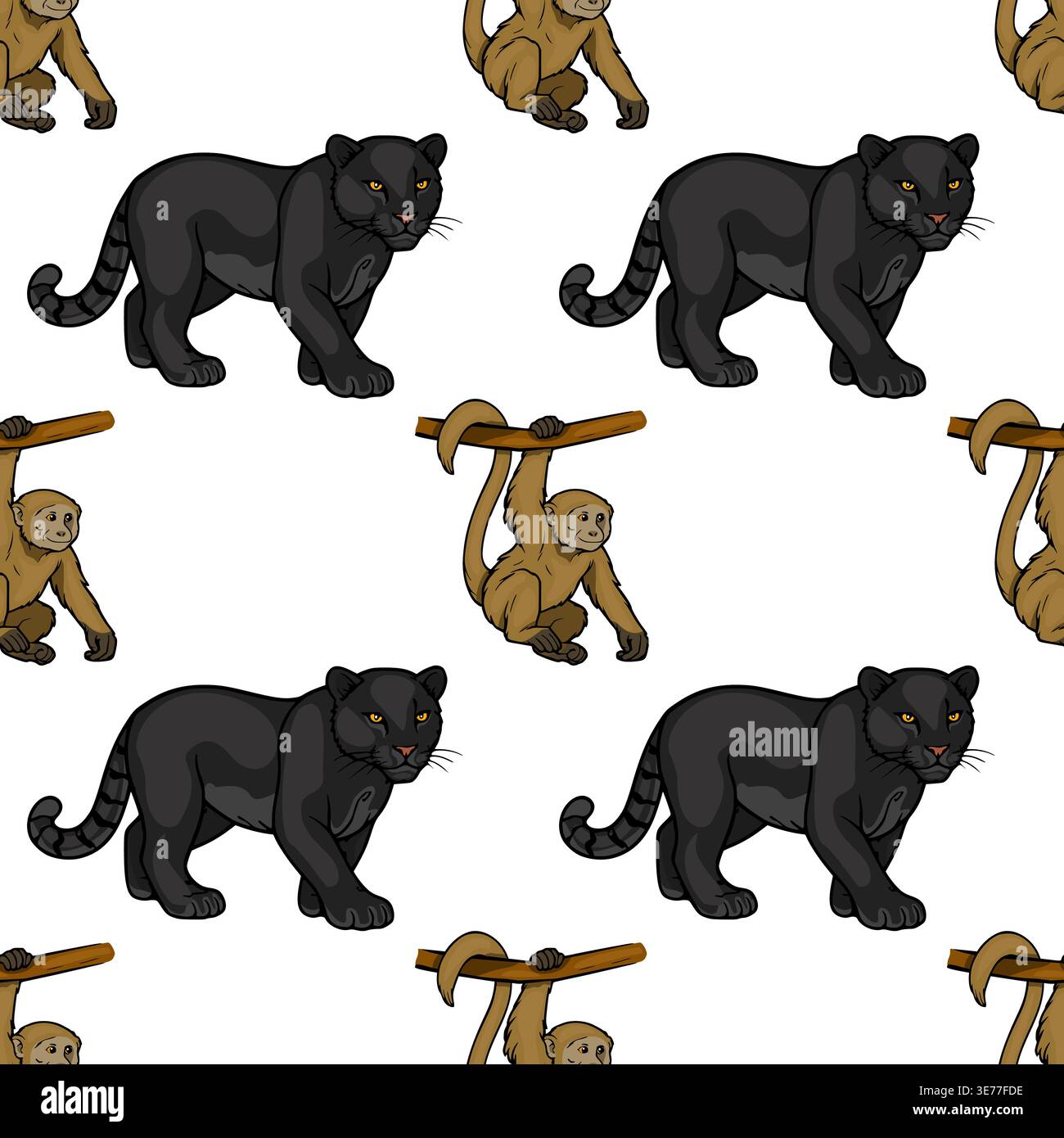 Seamless vector pattern with cartoon black panthers and monkeys hanging on branches Stock Vector
