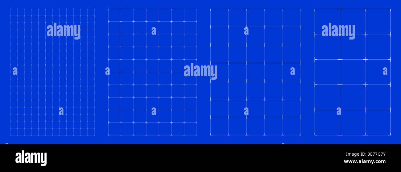 Blueprint grid set Line Cross matrix geometry, four scale variations. Wide medium dense micro spacing comparison, engineering layouts dashboards notebook pages interface planning systems graphics.  Stock Vector