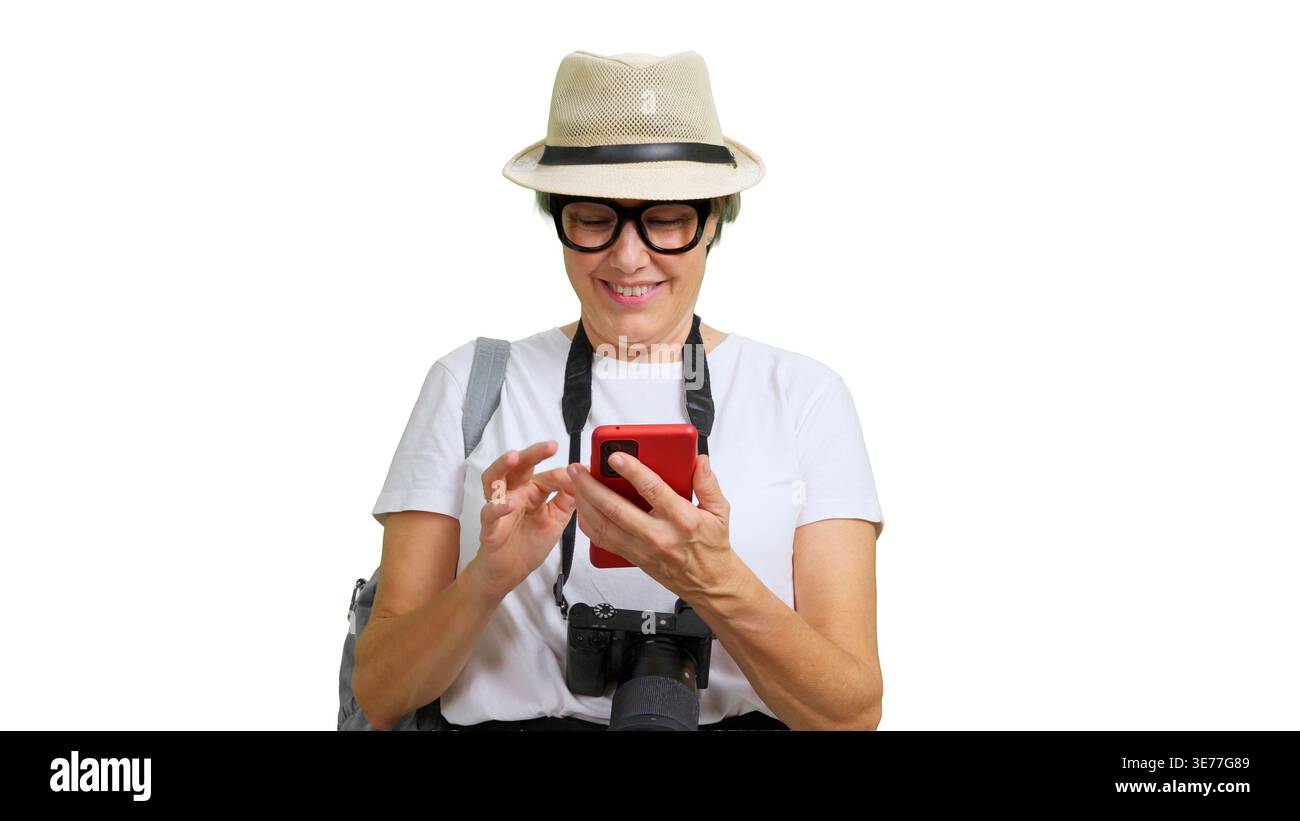 Woman traveler using smartphone for navigation on isolated background Stock Photo