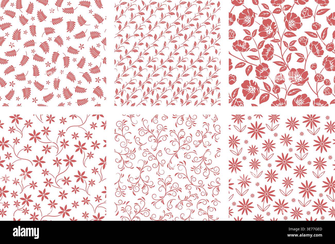Seamless Vector Botanical Pattern Set Isolated On A White Background. Horizontally And Vertically Repeatable. Stock Vector