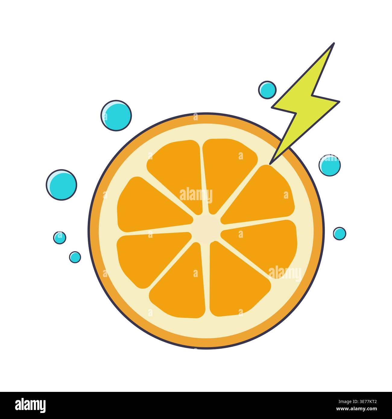 Electric Orange Fruit Slice With Lightning Bolt And Bubbles Stock Vector