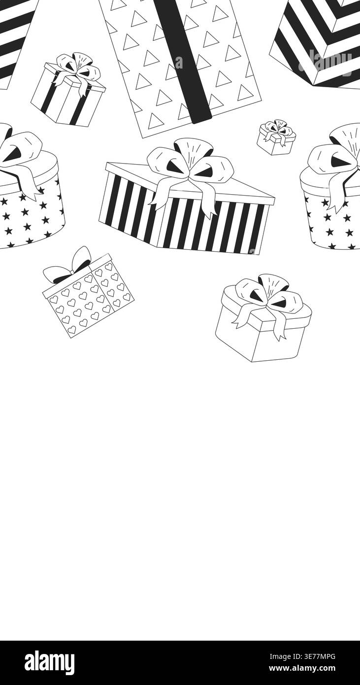 Wrapped gift boxes black and white vertical top border Stock Vector