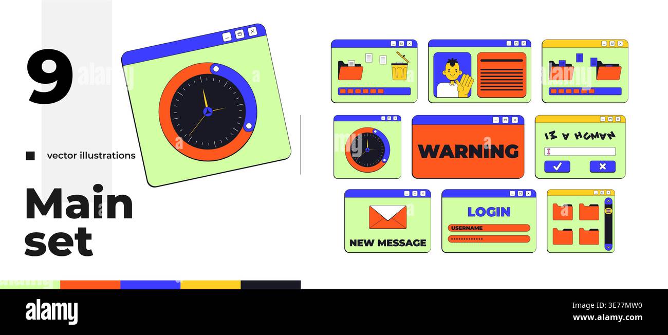 Comprehensive neo brutalism pop-up UI window pack Stock Vector