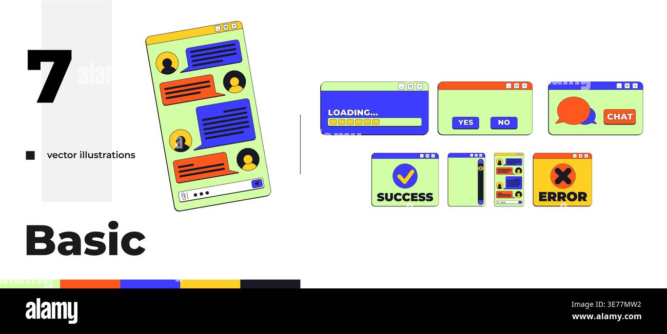 Basic chat and system neo brutalism pop-up UI window pack Stock Vector
