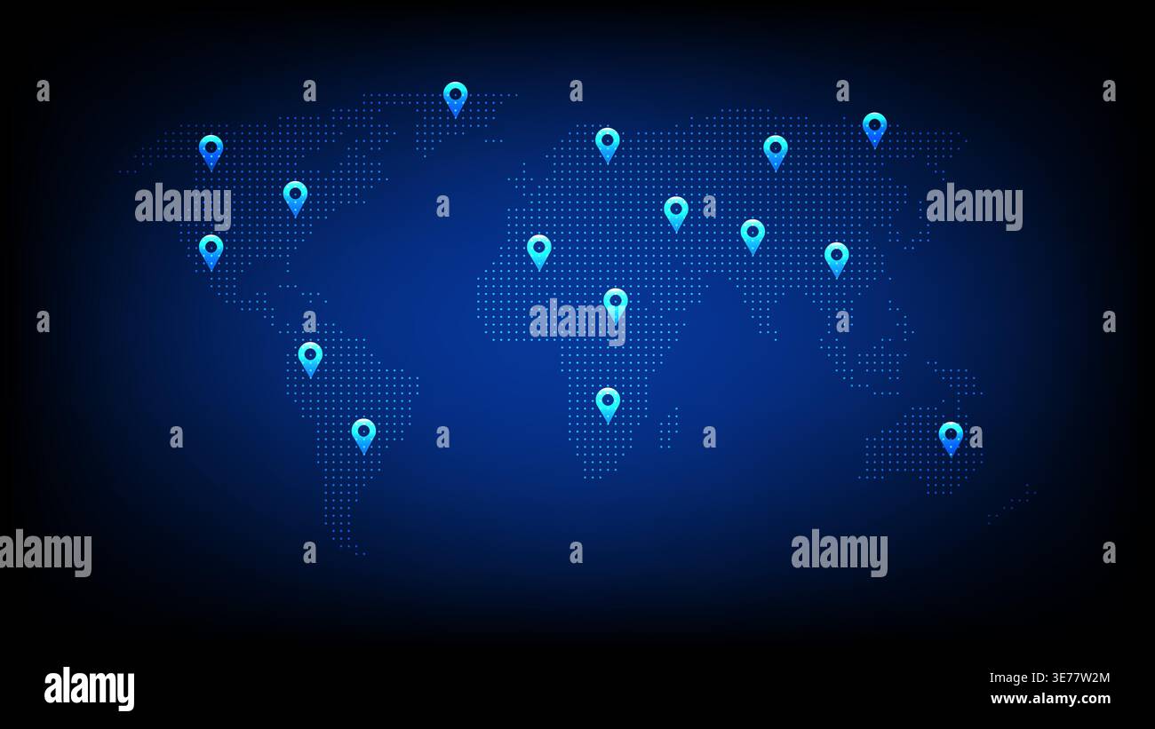Technology world map with blue location pins representing global ...