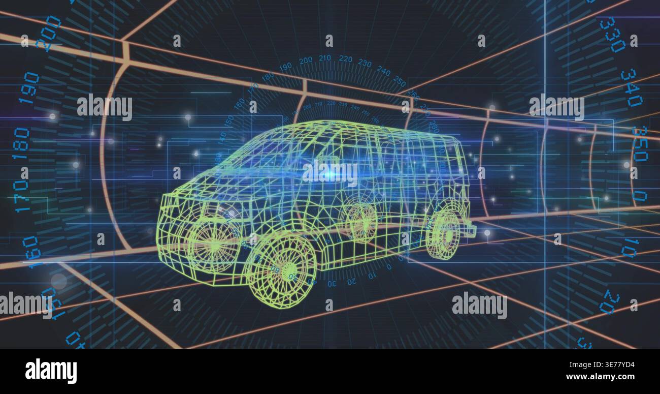 Displaying lime-green wireframe SUV floating above grid in virtual workspace, with HUD scales Stock Photo
