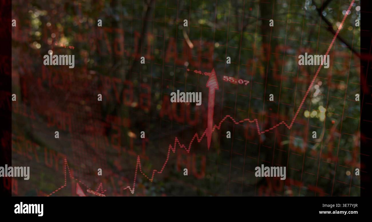 Displaying red grid chart with dotted trend line and arrow 55 Stock Photo
