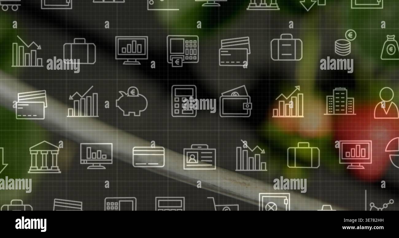Displaying repeating financial icon grid overlay covering center of ...