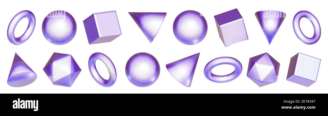 3D purple shapes, holographic rectangular element. Metal icon sphere ball with triangular cone. Solid y2k rainbow pyramid circle. Math geometric objec Stock Vector