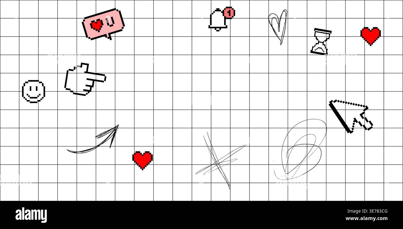Pixel ui background with cursor icons hearts and chat windows on checkered grid pattern Stock Vector