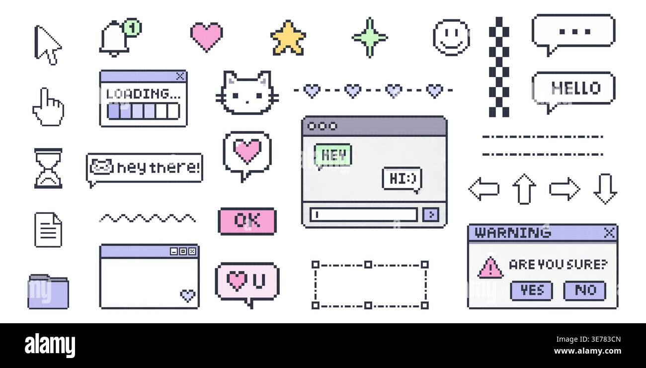 Pixel ui icon set featuring cursor chat windows hearts buttons and retro digital interface elements Stock Vector