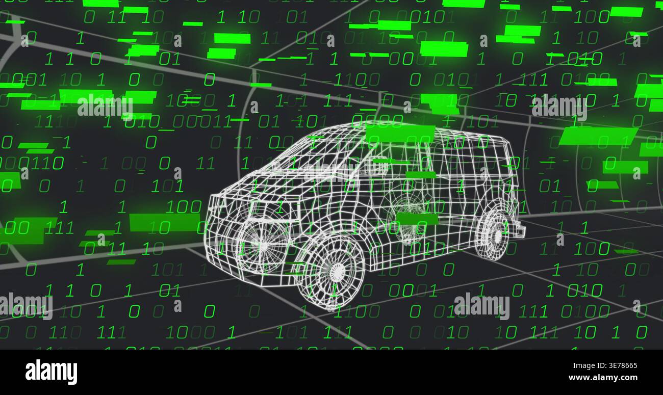 Rendering white wireframe SUV model sitting center in dark digital twin, with neon binary streams Stock Photo