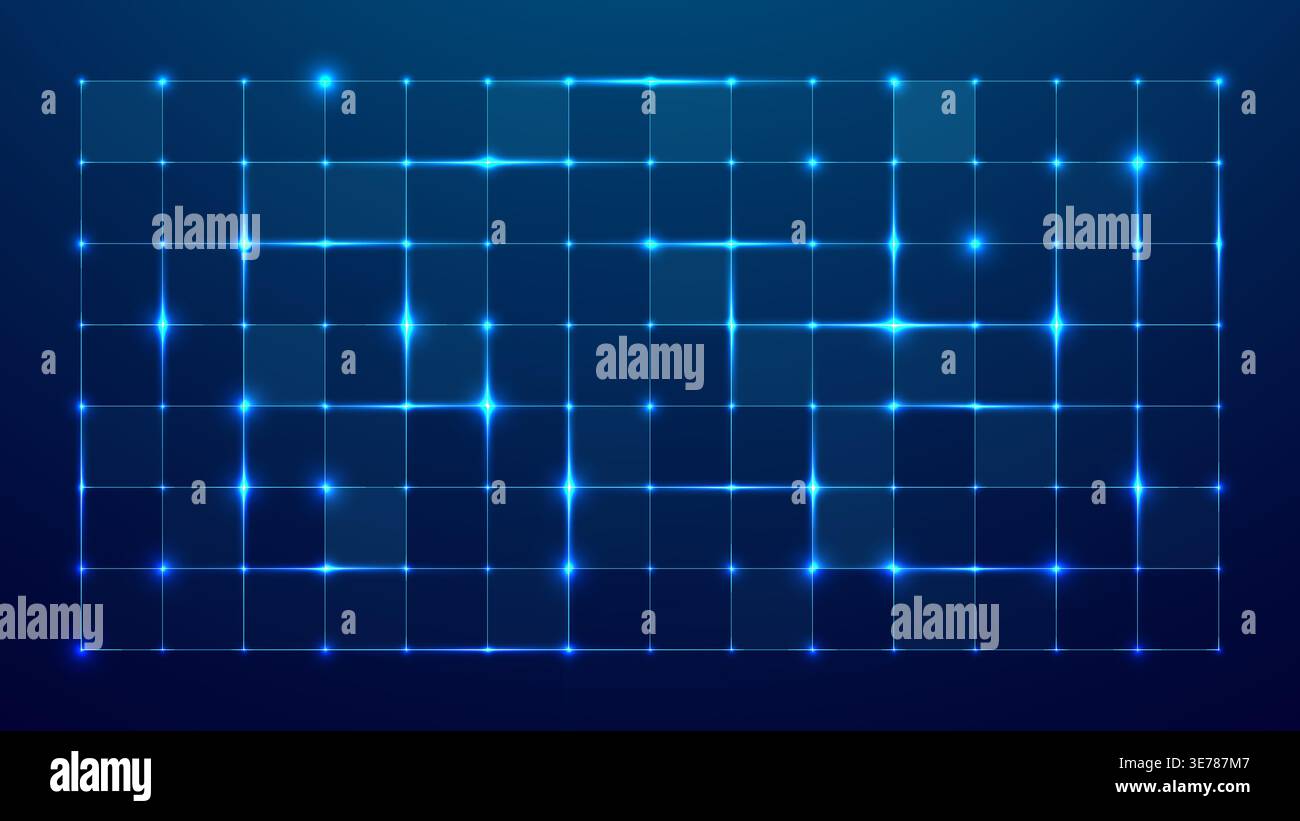Electronic Blue Grid Tech Background with Light Glowing Dots and Lines Stock Vector