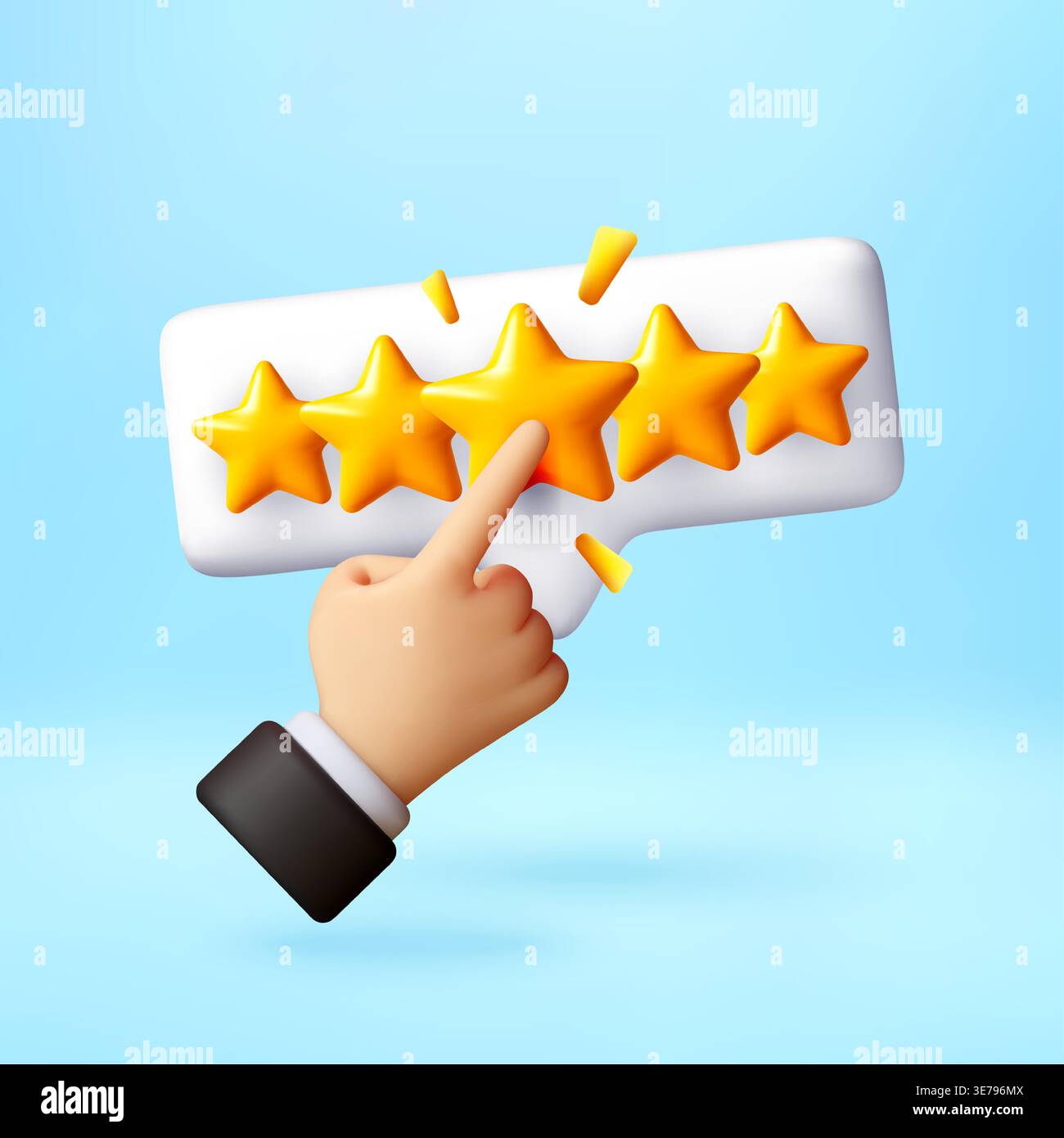 Excellent With Hand 3D Hand pointing at five yellow stars on speech bubble. Customer rating ...