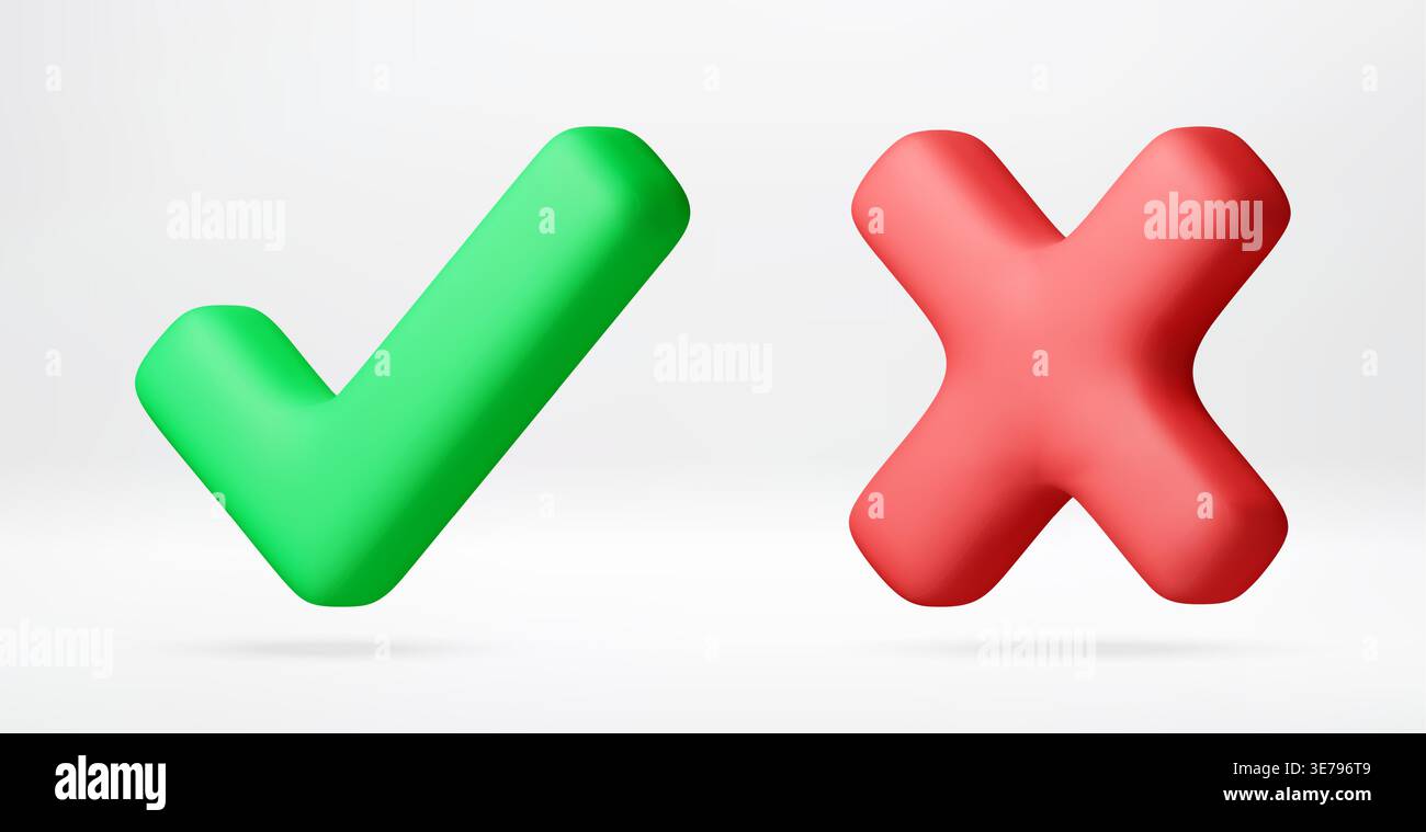 3D green check mark and red cross mark. Stock Vector
