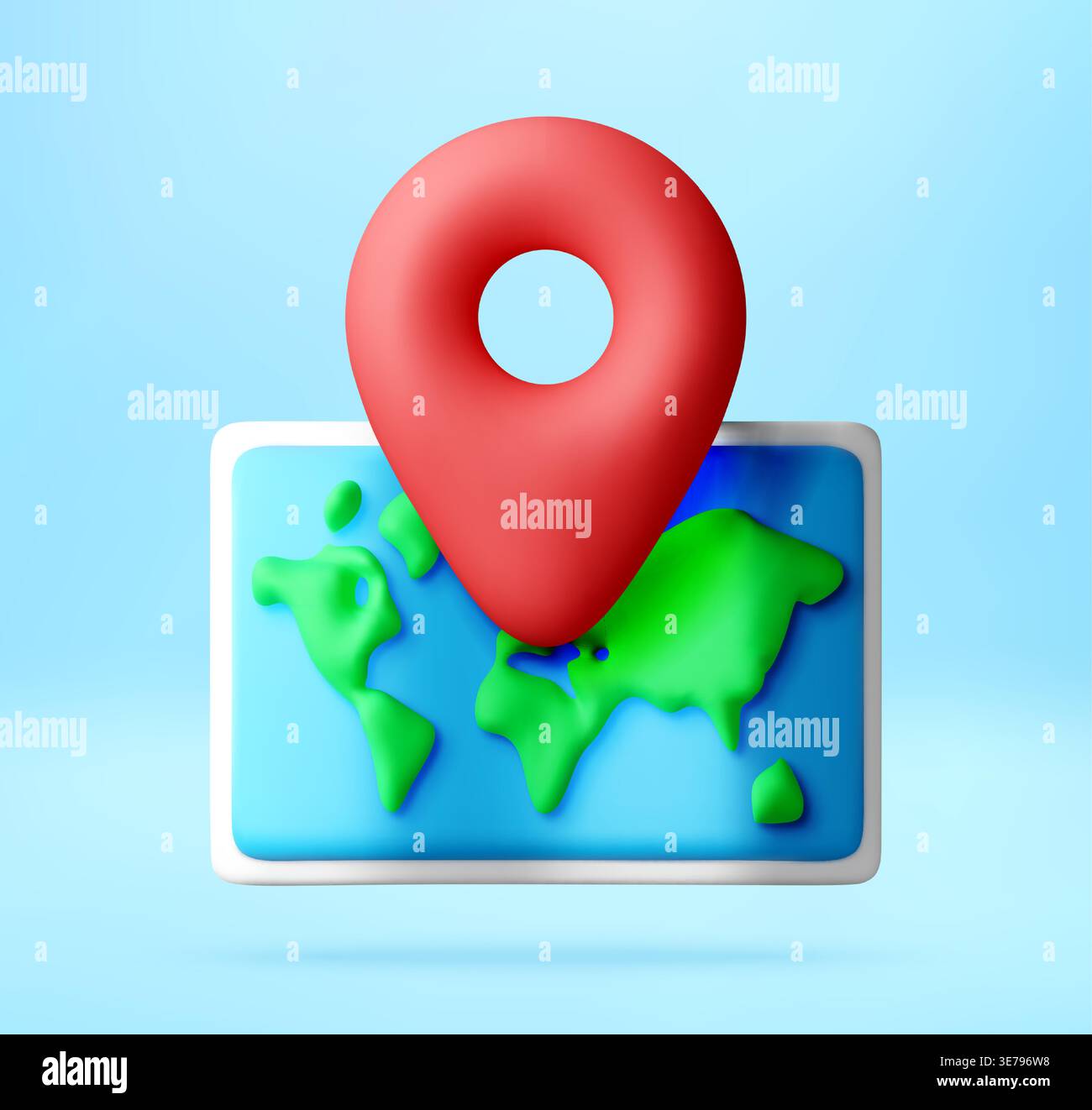 Red map pointer icon over stylized 3D world map Stock Vector
