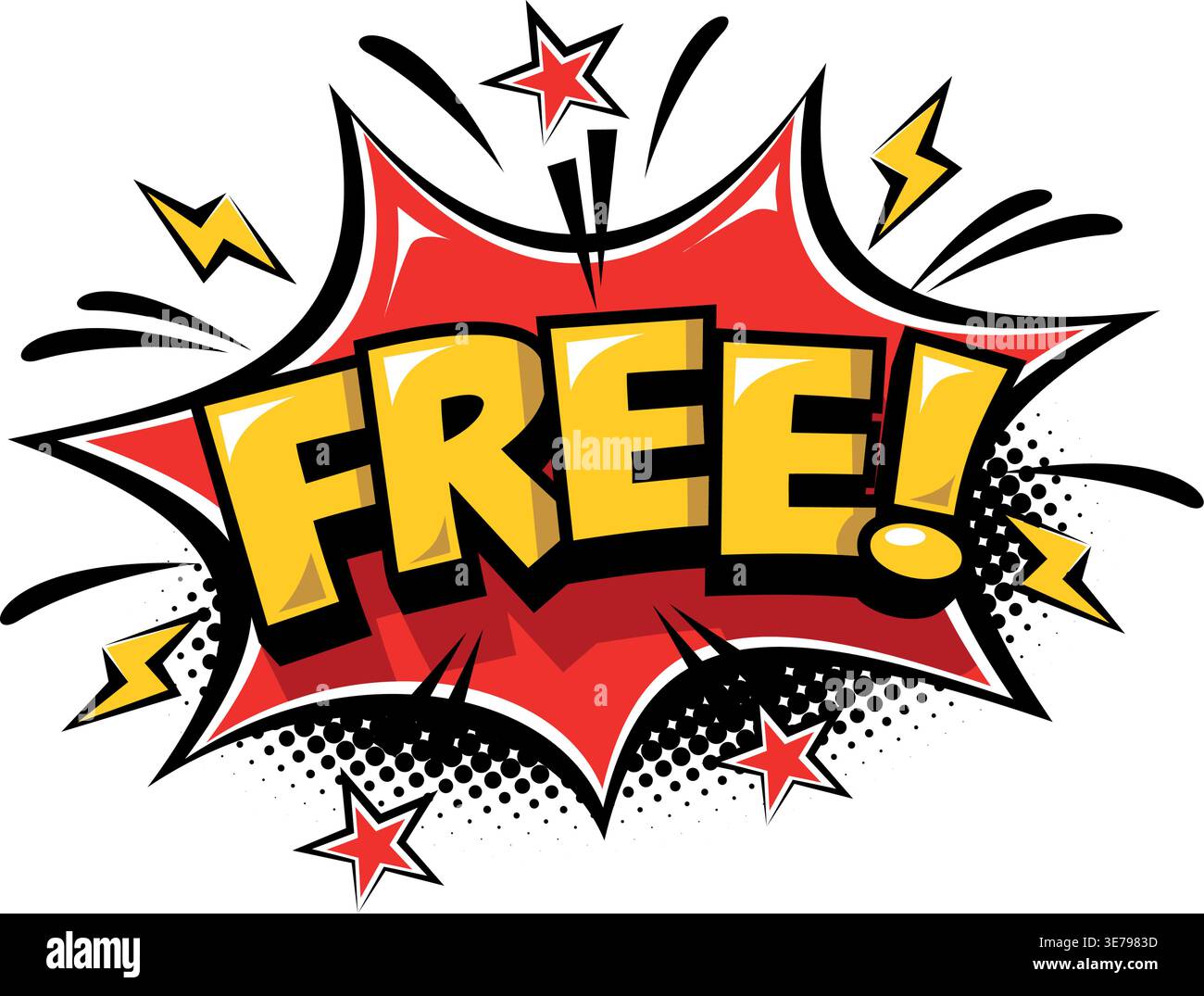 Free. Label sticker in comic exploding style. Lettering vector template on transparent background Stock Vector