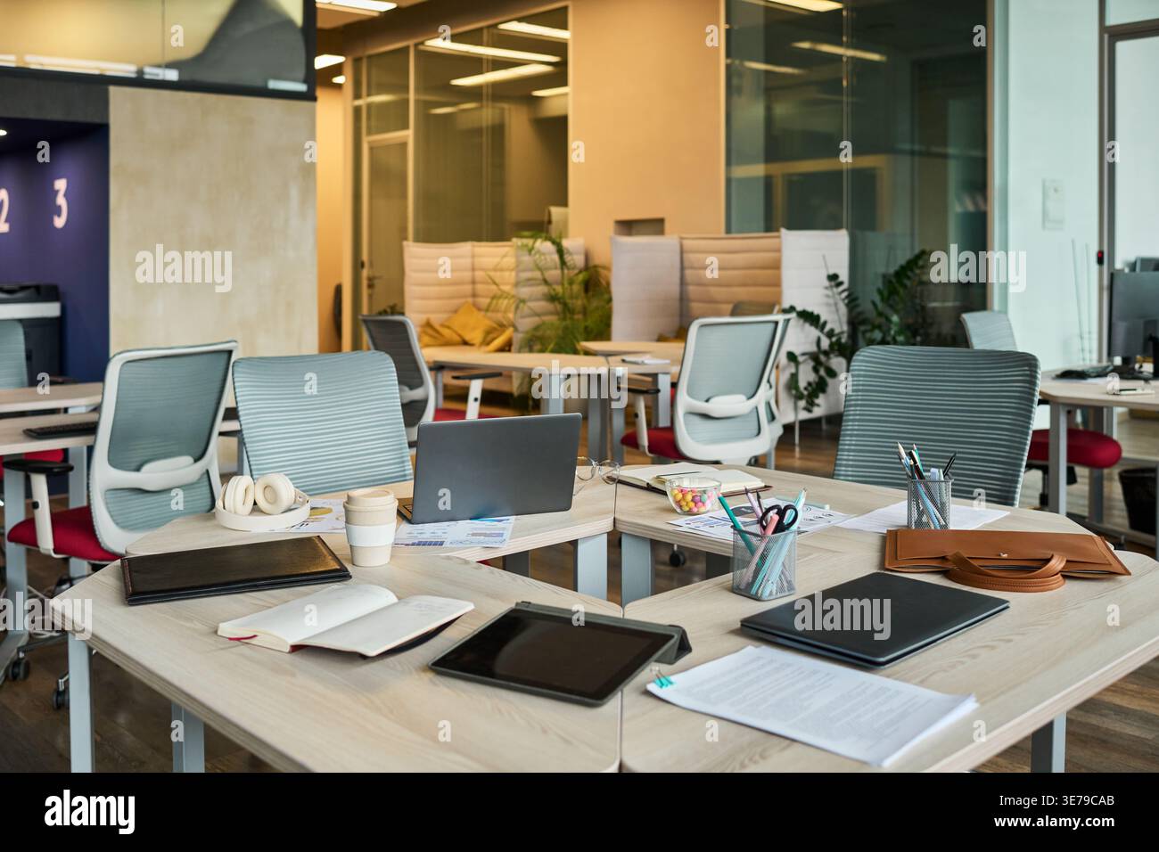 Modern Open Plan Office Workspace Prepared for Team Collaboration Stock Photo