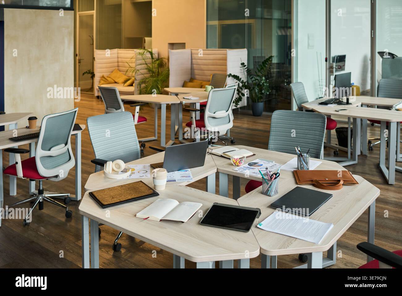 Modern Open Plan Office Workspace Supporting Hybrid Team Collaboration Stock Photo