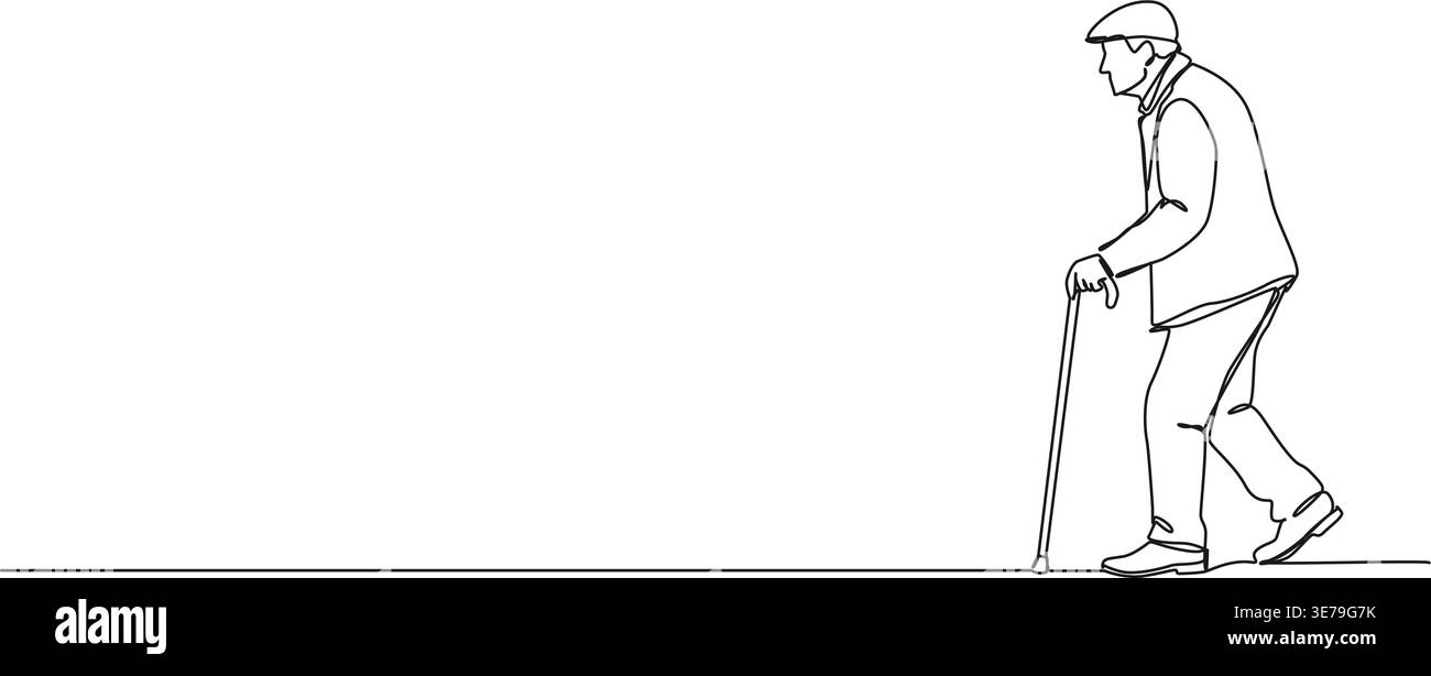 continuous line drawing of senior man walking with cane, line art ...