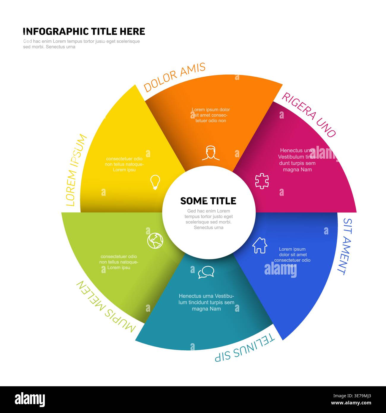 This colorful circular infographic template features six steps for business data visualization. Each infographic element uses icons and text placehold Stock Vector