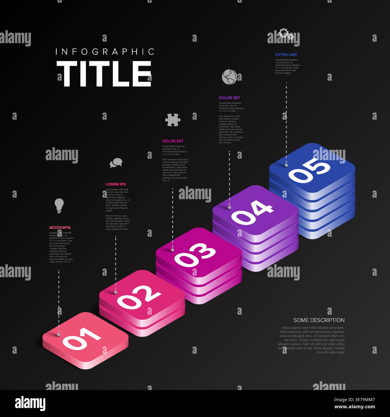 This infographic template features an isometric bar chart with 5 levels ...