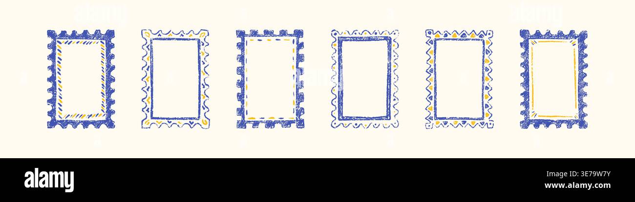 Set of blue and yellow Italian, Greek, mediterranean style hand drawn crayon doodle postage stamp rectangle frames. Whimsical pencil drawings summer f Stock Vector