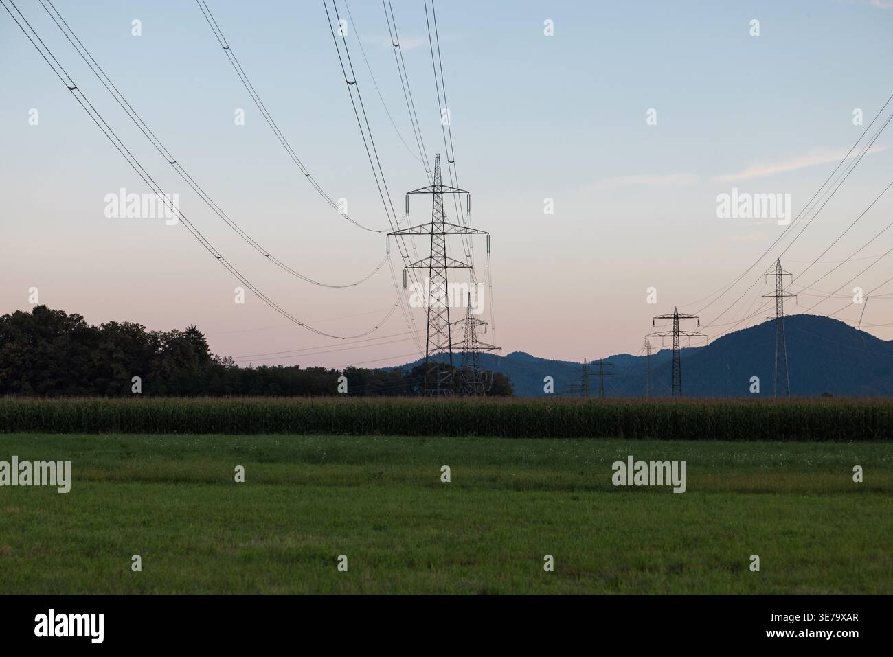 Electrical transmission towers and power lines stretch across a rural area under a sunset sky with mountains in the background. Stock Photo