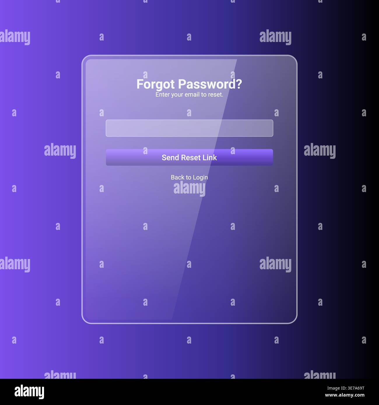 Elegant forgot password user interface with email input field and reset link button. Designed using modern glassmorphism style with purple gradient ba Stock Vector