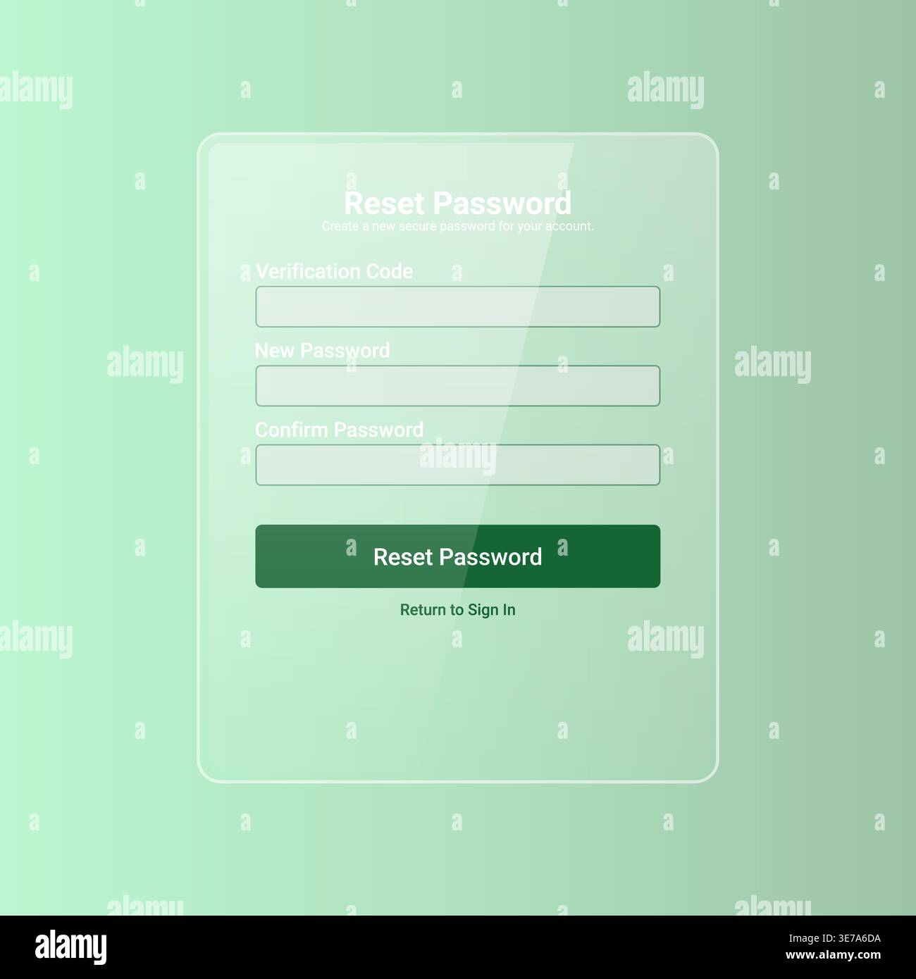 Modern reset password user interface featuring verification code input, new password and confirm password fields. Designed with soft green gradient an Stock Vector