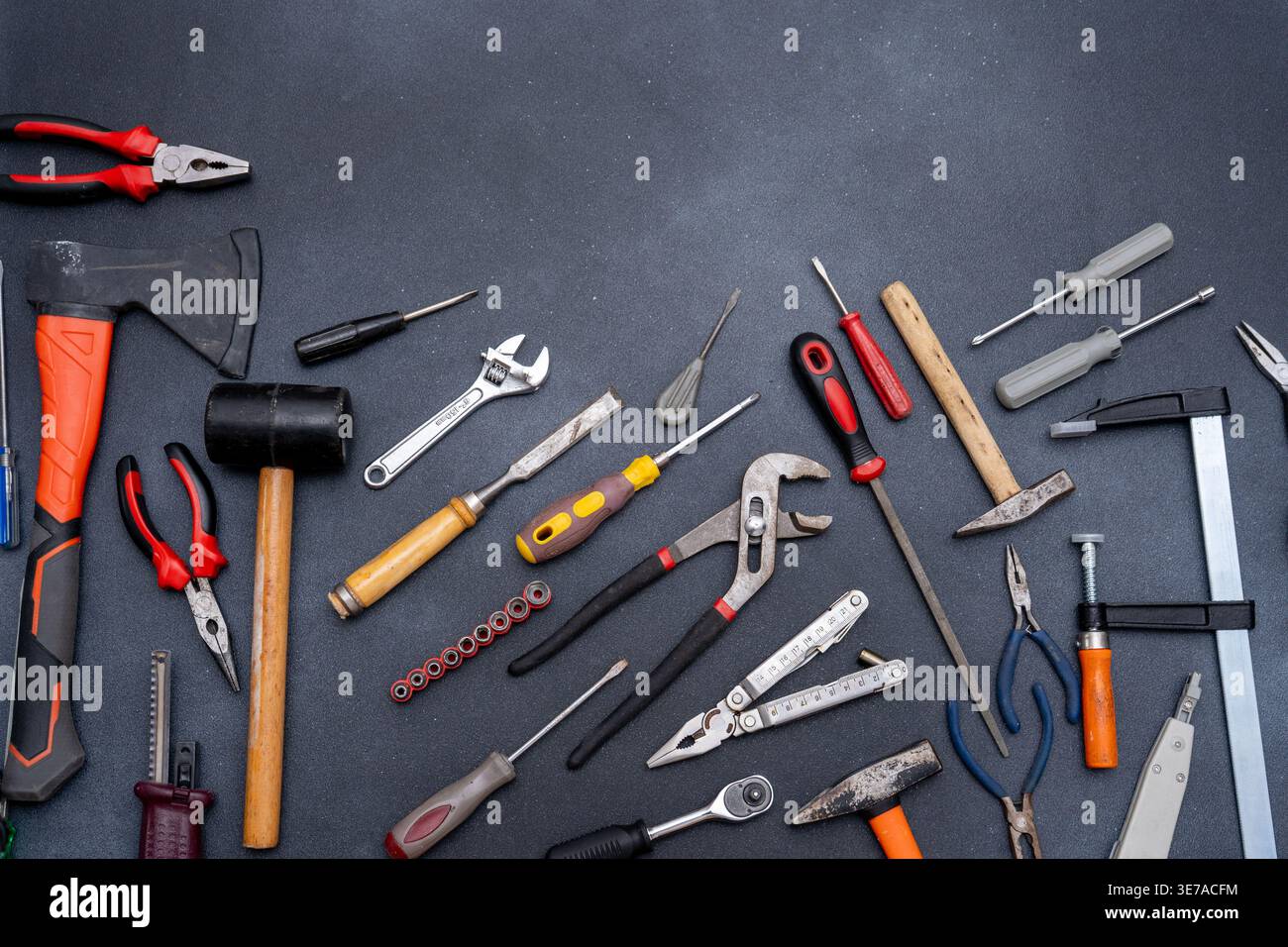 Hand work Tools instrument set top view Background. Stock Photo