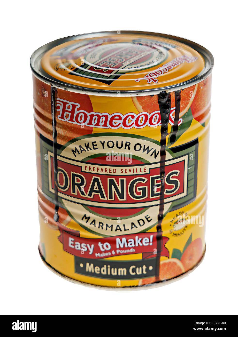 Blown unsafe can with bulging top and leaking Stock Photo