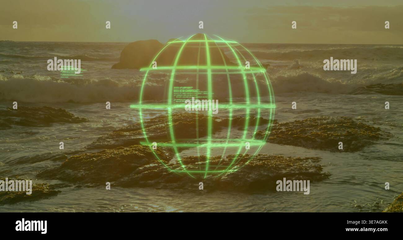 Hovering green wireframe globe projecting above rock platforms at sunset, with floating data blocks Stock Photo